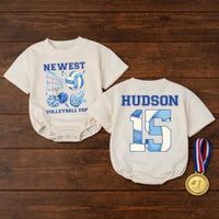 Personalized Volleyball Fan Baby Romper with Name and Number Cute Sports Outfit for Infant or Toddler Game Day, Cheerful Blue Design