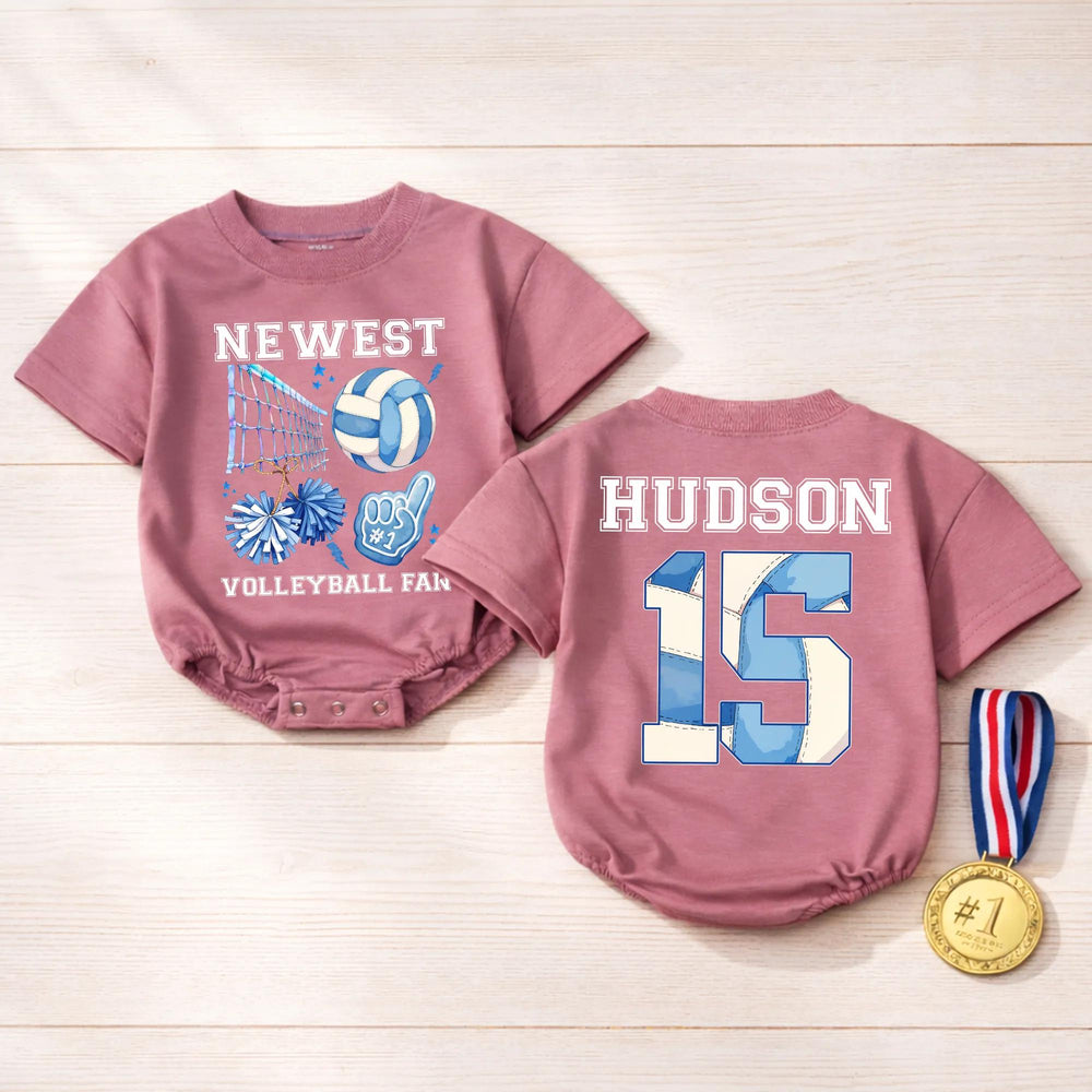 Personalized Volleyball Fan Baby Romper with Name and Number Cute Sports Outfit for Infant or Toddler Game Day, Cheerful Blue Design