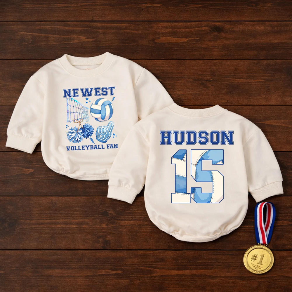 Personalized Volleyball Fan Baby Romper with Name and Number Cute Sports Outfit for Infant or Toddler Game Day, Cheerful Blue Design