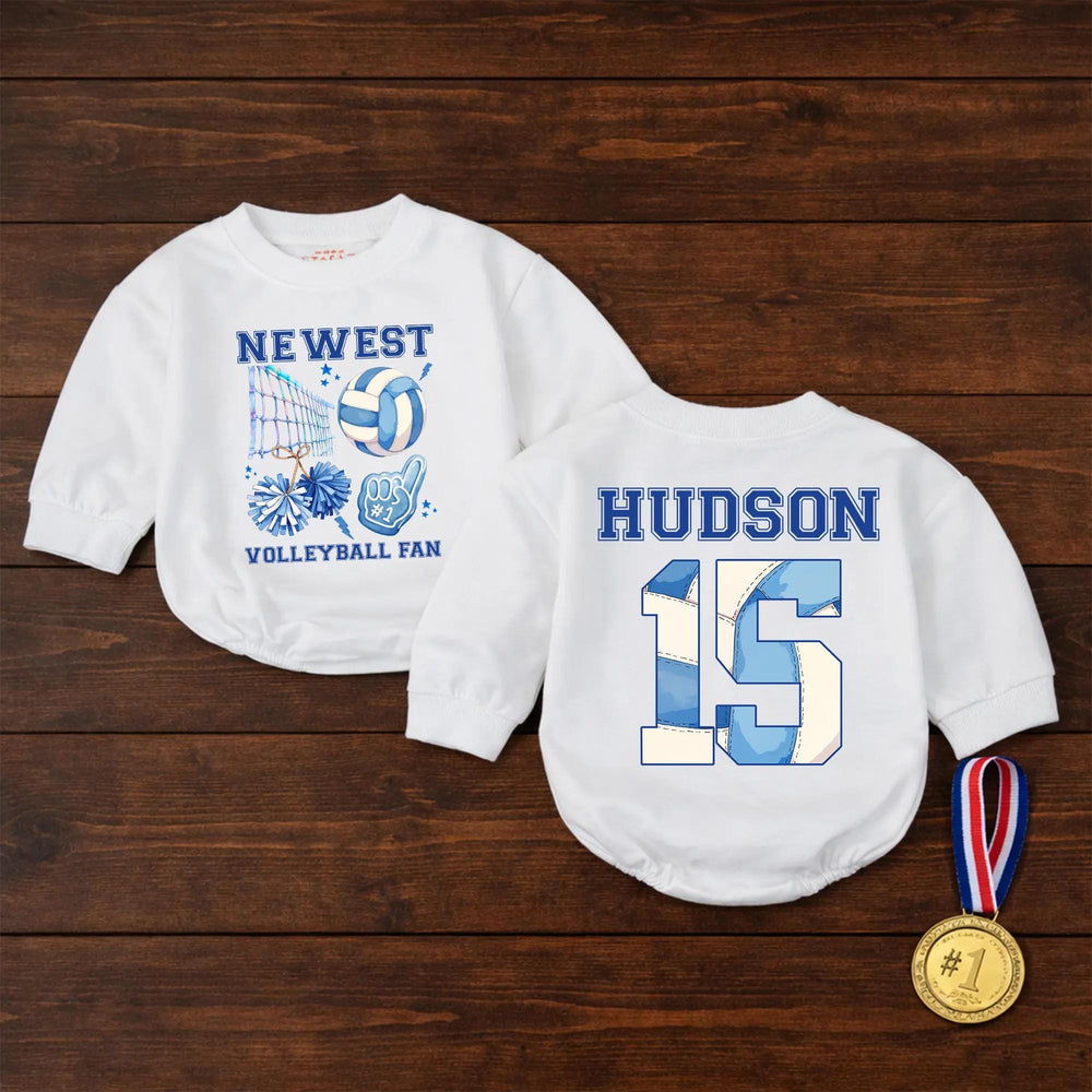 Personalized Volleyball Fan Baby Romper with Name and Number Cute Sports Outfit for Infant or Toddler Game Day, Cheerful Blue Design
