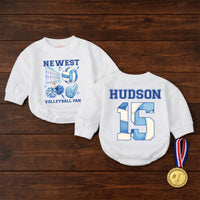 Personalized Volleyball Fan Baby Romper with Name and Number Cute Sports Outfit for Infant or Toddler Game Day, Cheerful Blue Design