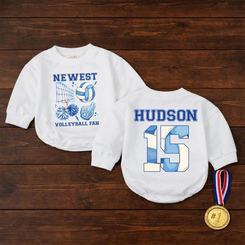 Personalized Volleyball Fan Baby Romper with Name and Number Cute Sports Outfit for Infant or Toddler Game Day, Cheerful Blue Design