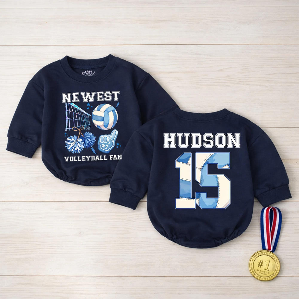 Personalized Volleyball Fan Baby Romper with Name and Number Cute Sports Outfit for Infant or Toddler Game Day, Cheerful Blue Design