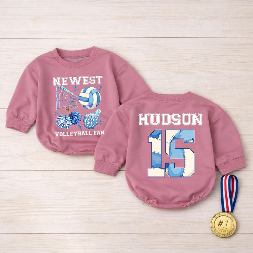 Personalized Volleyball Fan Baby Romper with Name and Number Cute Sports Outfit for Infant or Toddler Game Day, Cheerful Blue Design