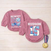 Personalized Volleyball Fan Baby Romper with Name and Number Cute Sports Outfit for Infant or Toddler Game Day, Cheerful Blue Design