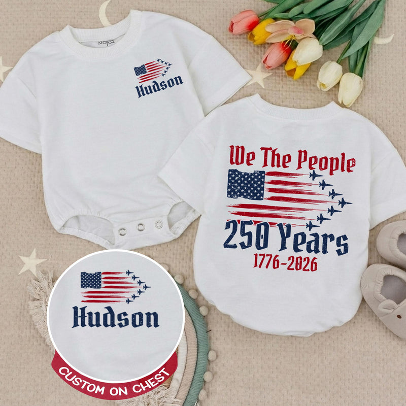 Personalized We The People Baby Romper with American Flag Fighter Jet Design 4th of July Outfit Patriotic Infant Birthday Gift