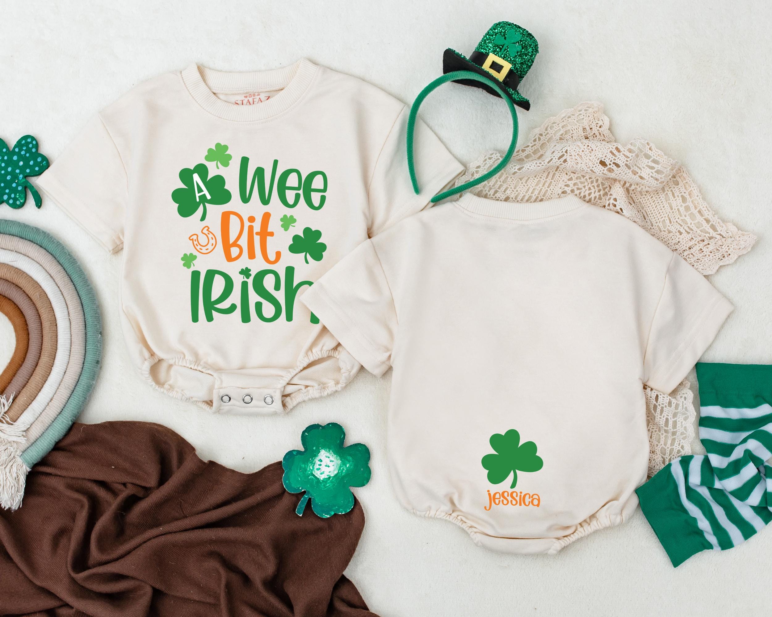 Personalized A Wee Bit Irish Infant Romper Clover Design St Patrick's Day Outfit Baby's First Celebration Gift Name in Orange