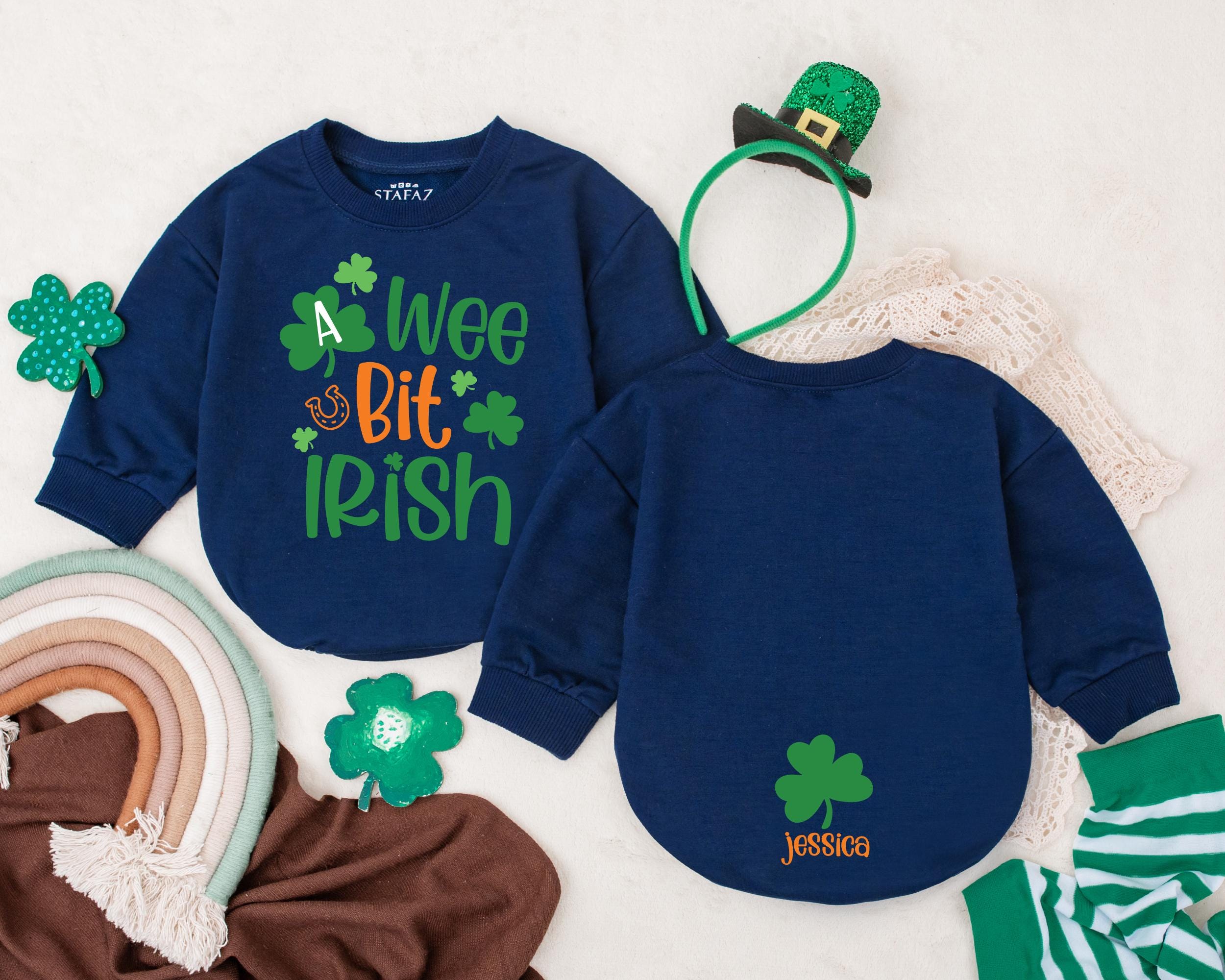 Personalized A Wee Bit Irish Infant Romper Clover Design St Patrick's Day Outfit Baby's First Celebration Gift Name in Orange