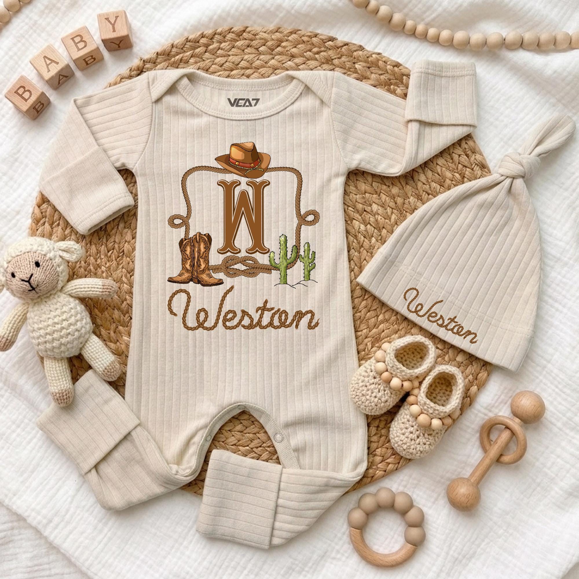 Personalized Western Baby Bodysuit and Hat Set with Cowboy Hat, Boots, Cactus Artwork, Custom Name, Soft Cotton, Newborn Coming Home Outfit