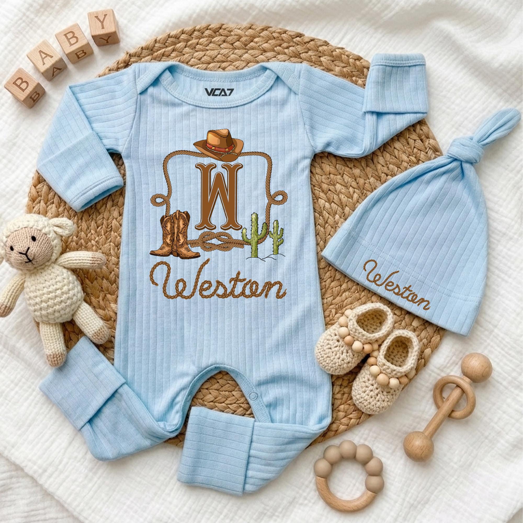 Personalized Western Baby Bodysuit and Hat Set with Cowboy Hat, Boots, Cactus Artwork, Custom Name, Soft Cotton, Newborn Coming Home Outfit