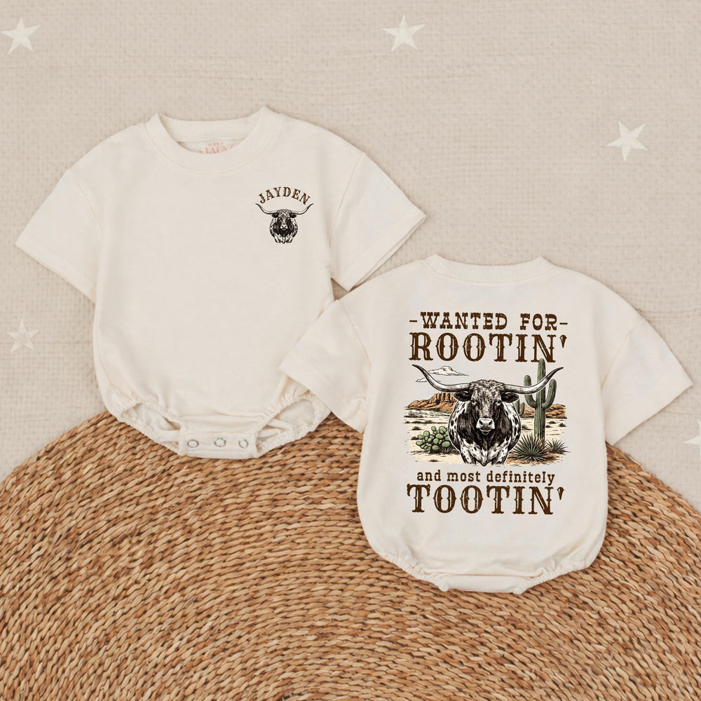 Personalized Western Baby Romper with Longhorn Design, Custom Name Cowboy Outfit for Baby Boys, Soft Cotton Rootin Tootin Gift Idea