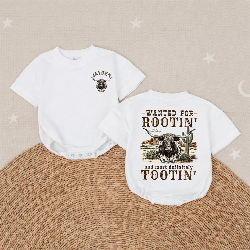 Personalized Western Baby Romper with Longhorn Design, Custom Name Cowboy Outfit for Baby Boys, Soft Cotton Rootin Tootin Gift Idea
