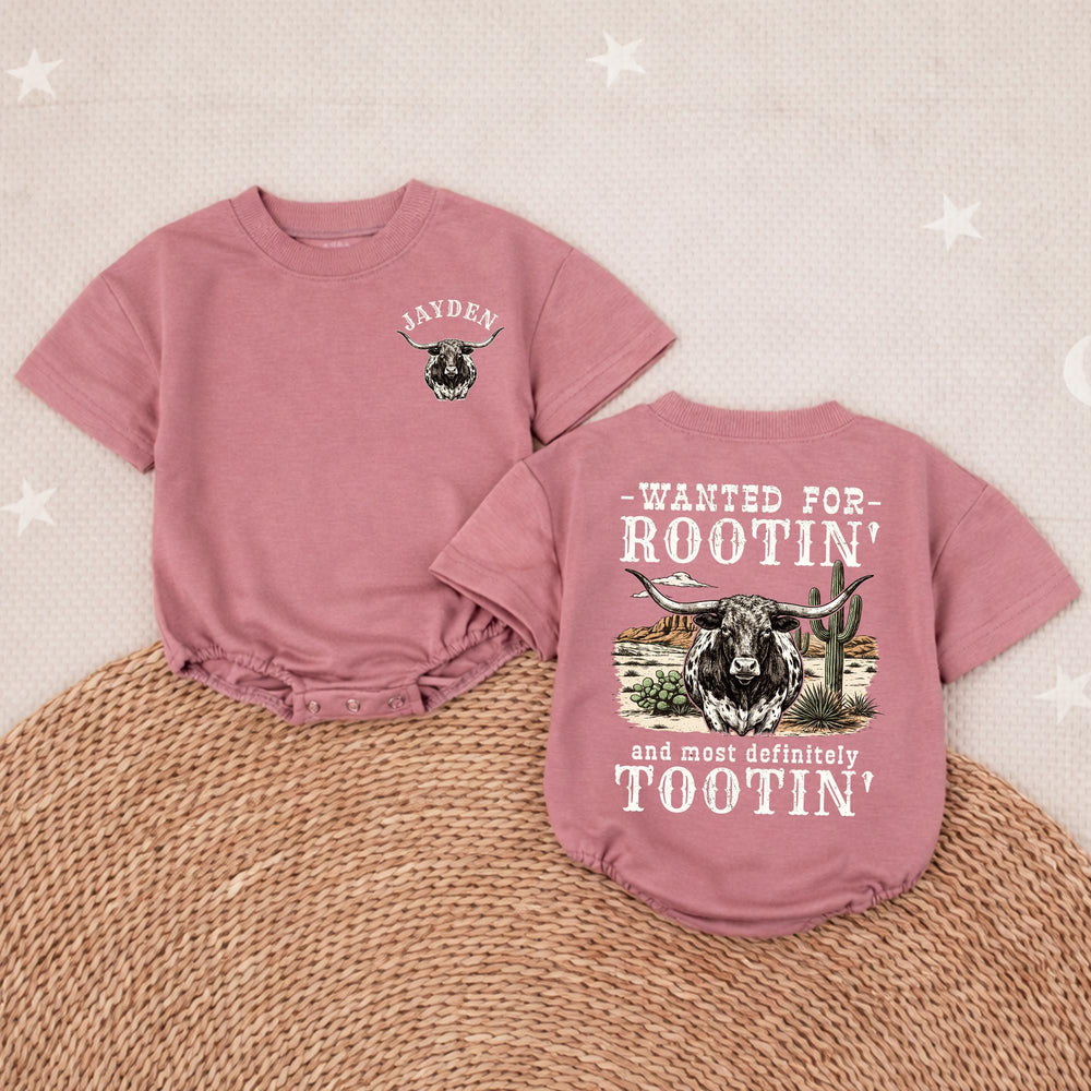 Personalized Western Baby Romper with Longhorn Design, Custom Name Cowboy Outfit for Baby Boys, Soft Cotton Rootin Tootin Gift Idea