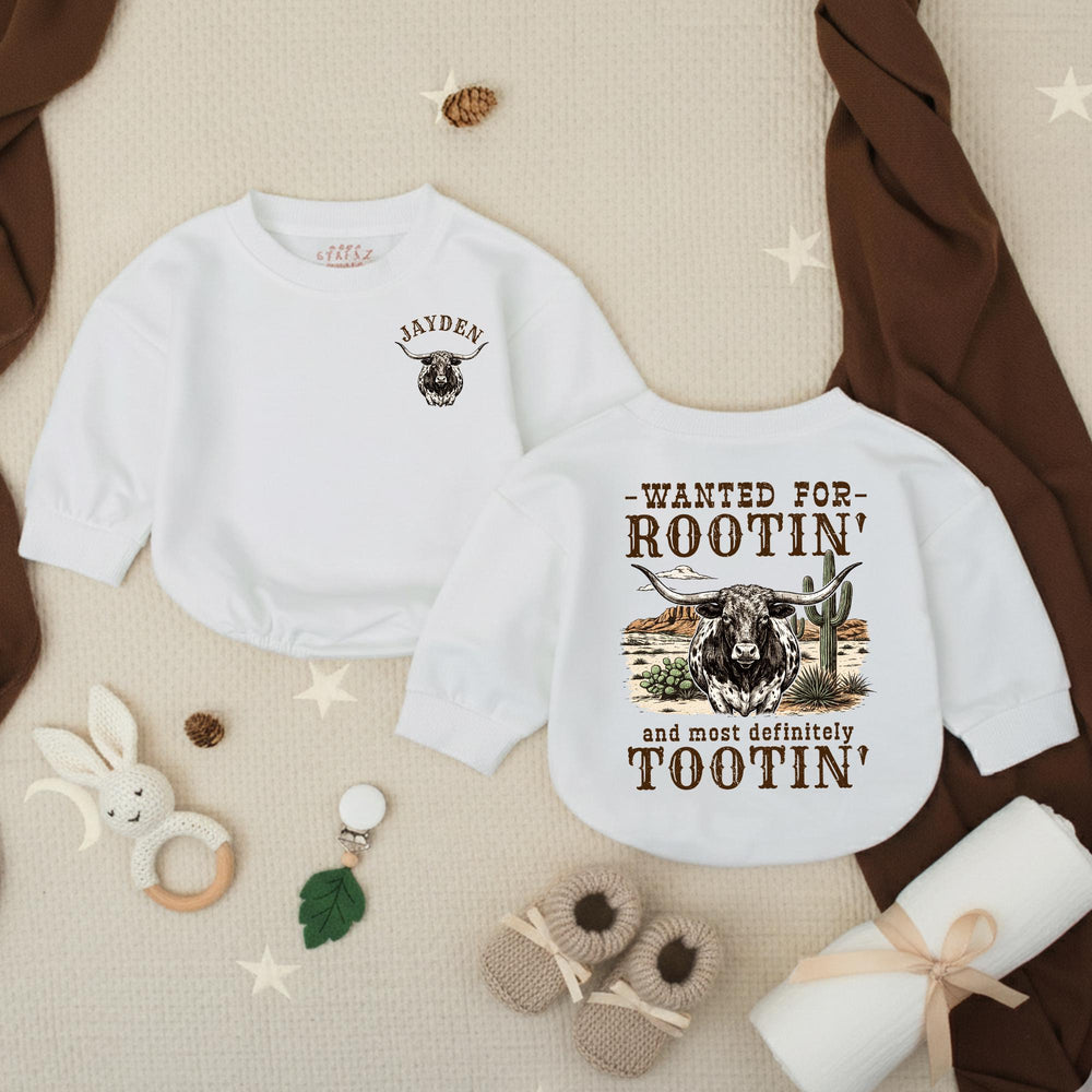 Personalized Western Baby Romper with Longhorn Design, Custom Name Cowboy Outfit for Baby Boys, Soft Cotton Rootin Tootin Gift Idea