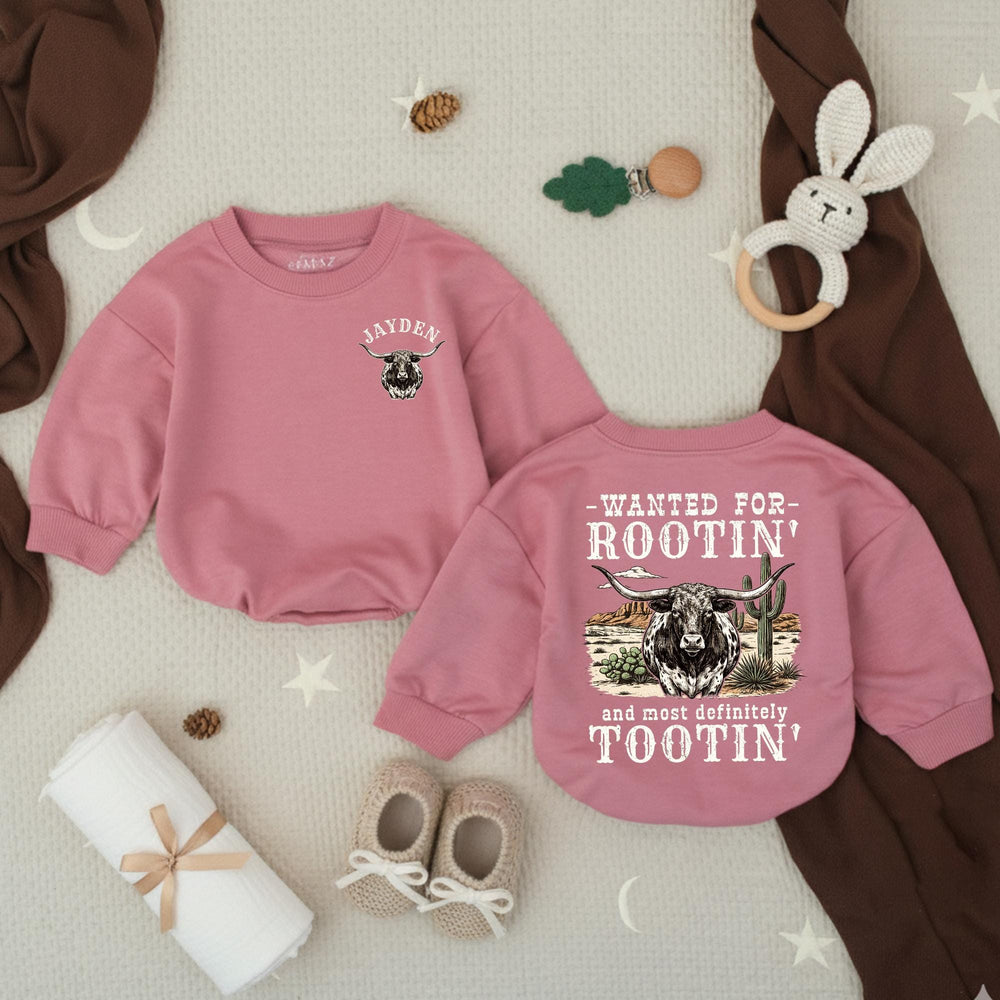 Personalized Western Baby Romper with Longhorn Design, Custom Name Cowboy Outfit for Baby Boys, Soft Cotton Rootin Tootin Gift Idea