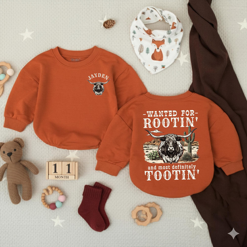 Personalized Western Baby Romper with Longhorn Design, Custom Name Cowboy Outfit for Baby Boys, Soft Cotton Rootin Tootin Gift Idea