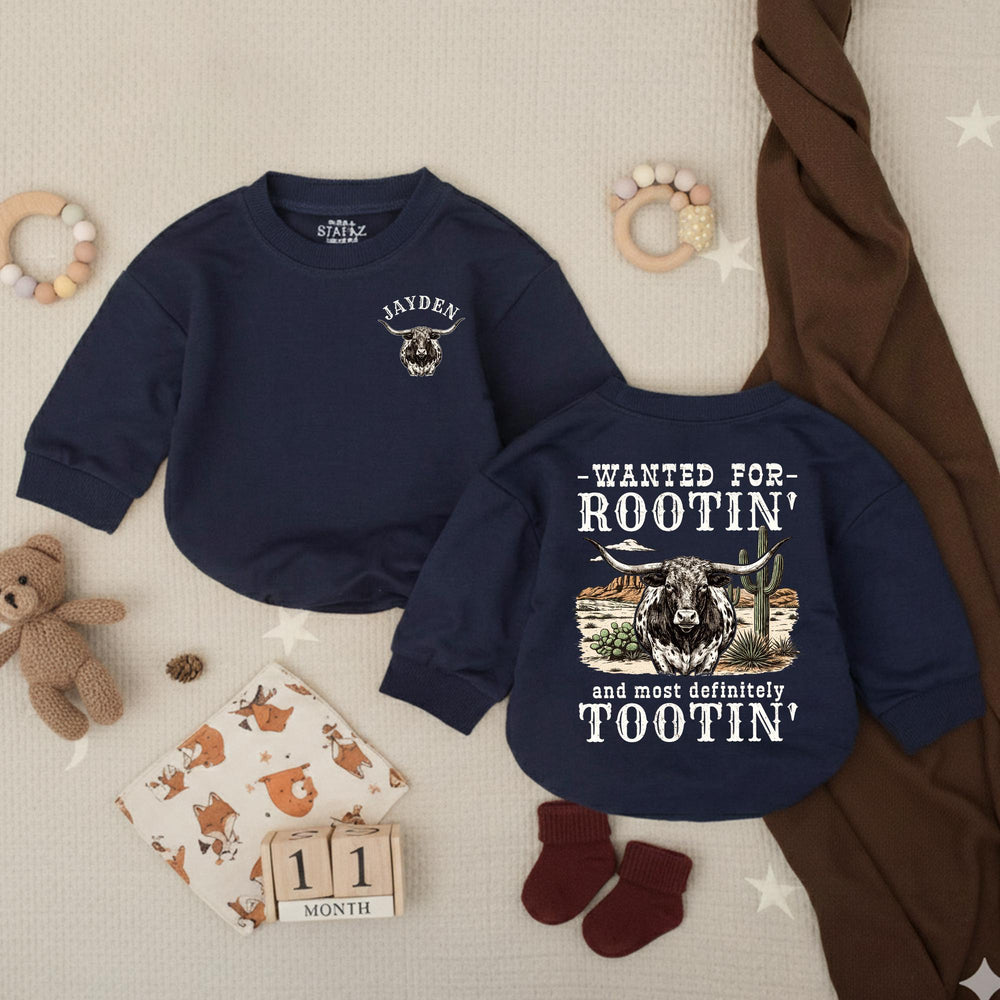 Personalized Western Baby Romper with Longhorn Design, Custom Name Cowboy Outfit for Baby Boys, Soft Cotton Rootin Tootin Gift Idea