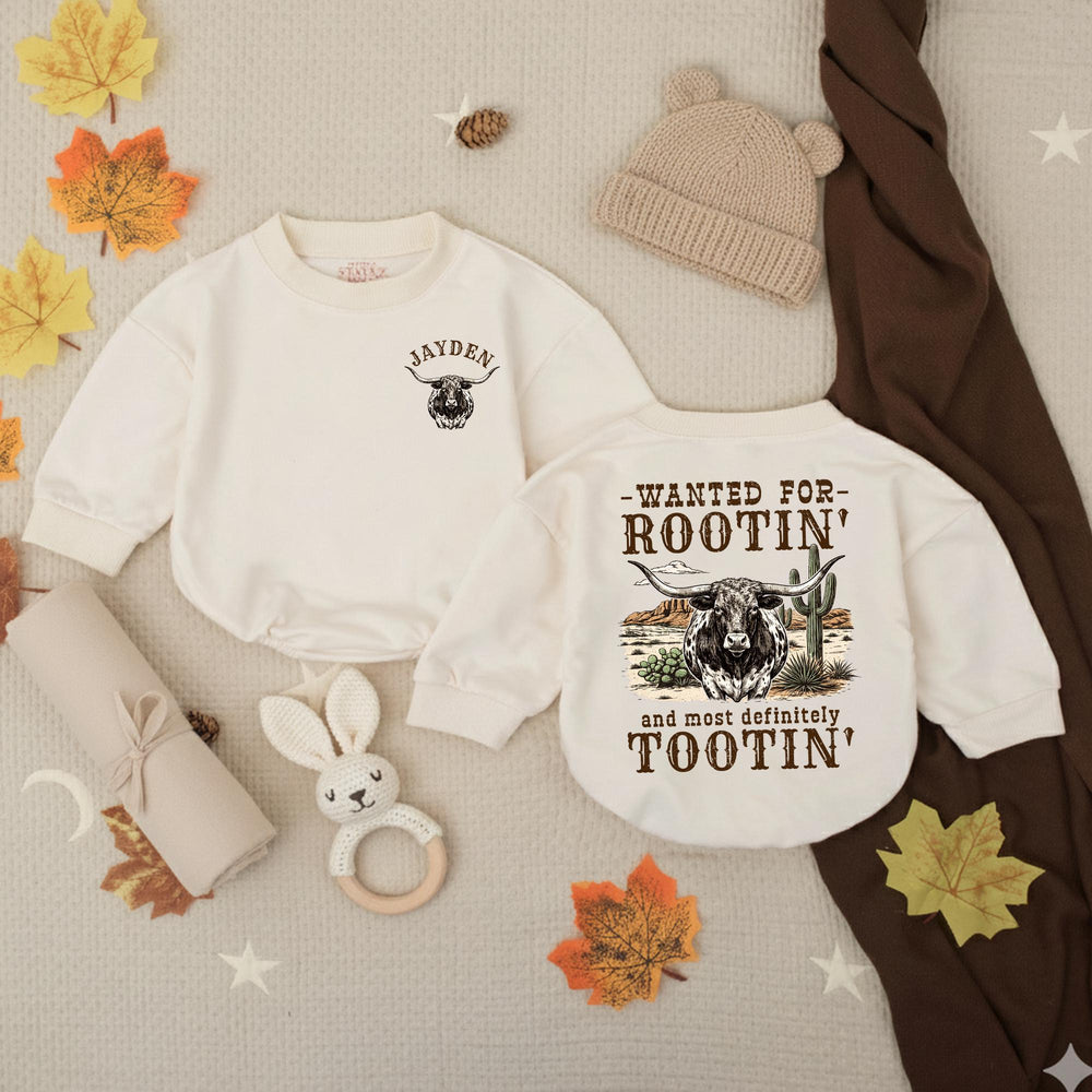 Personalized Western Baby Romper with Longhorn Design, Custom Name Cowboy Outfit for Baby Boys, Soft Cotton Rootin Tootin Gift Idea
