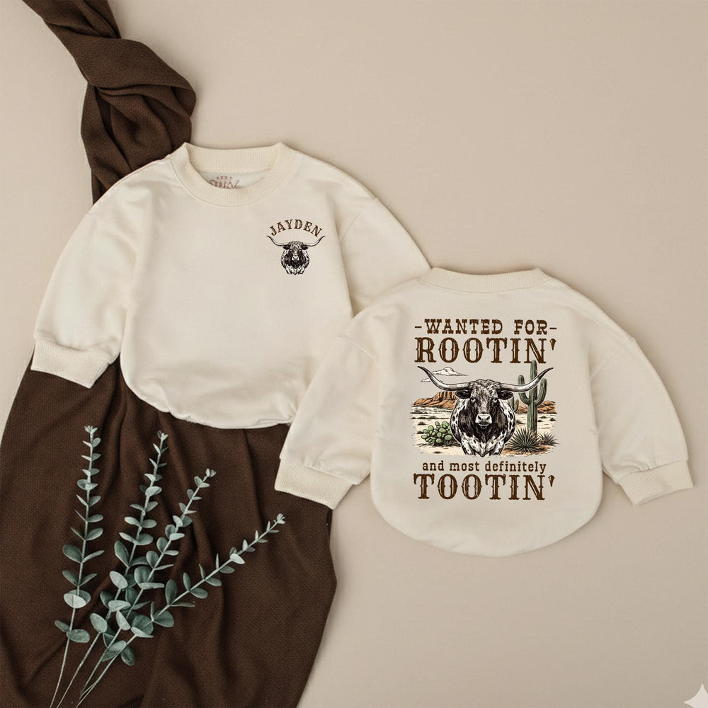 Personalized Western Baby Romper with Longhorn Design, Custom Name Cowboy Outfit for Baby Boys, Soft Cotton Rootin Tootin Gift Idea