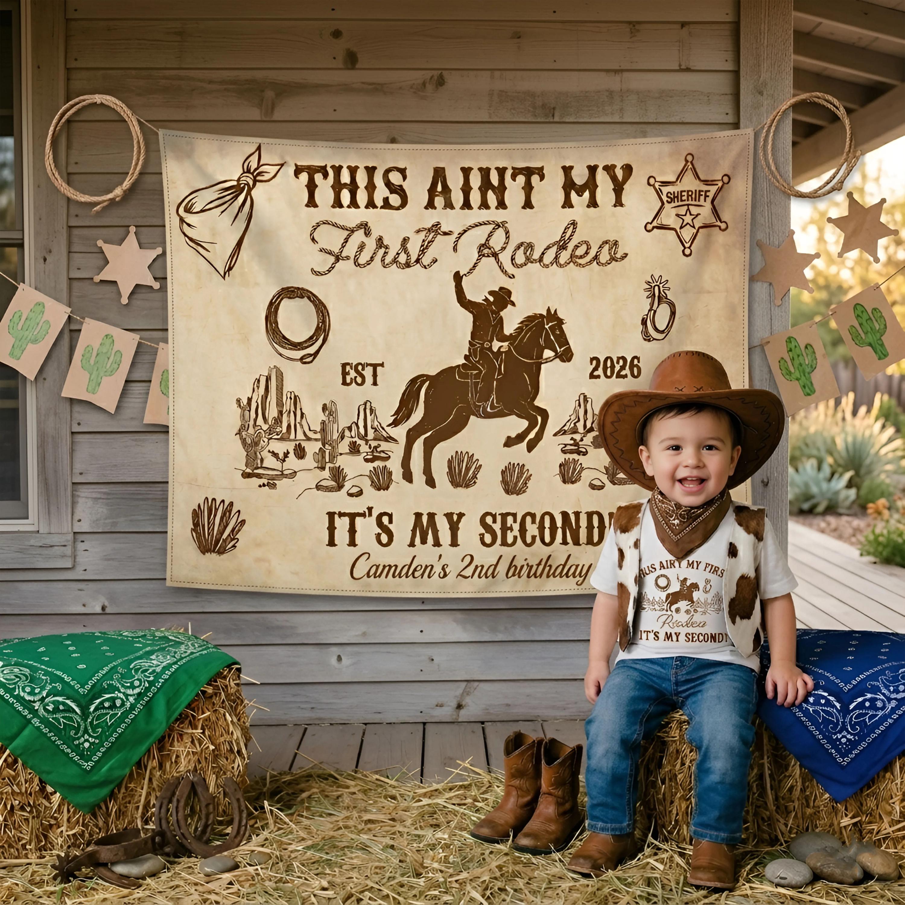 Personalized Western Birthday Banner and Outfit for Boys Second Rodeo Theme Cowboy Design Sepia Silk Shirt Rustic Party Gift