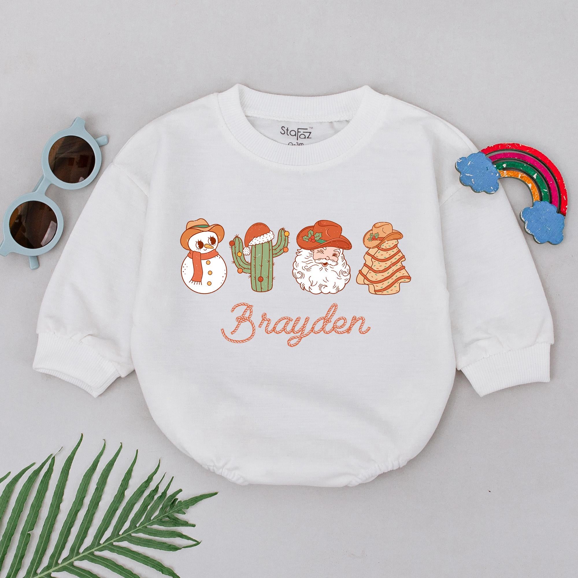 Personalized Western Christmas Romper for Baby Boys Girls with Cowboy Snowman Cactus Soft Cotton Holiday Outfit First Xmas Gift