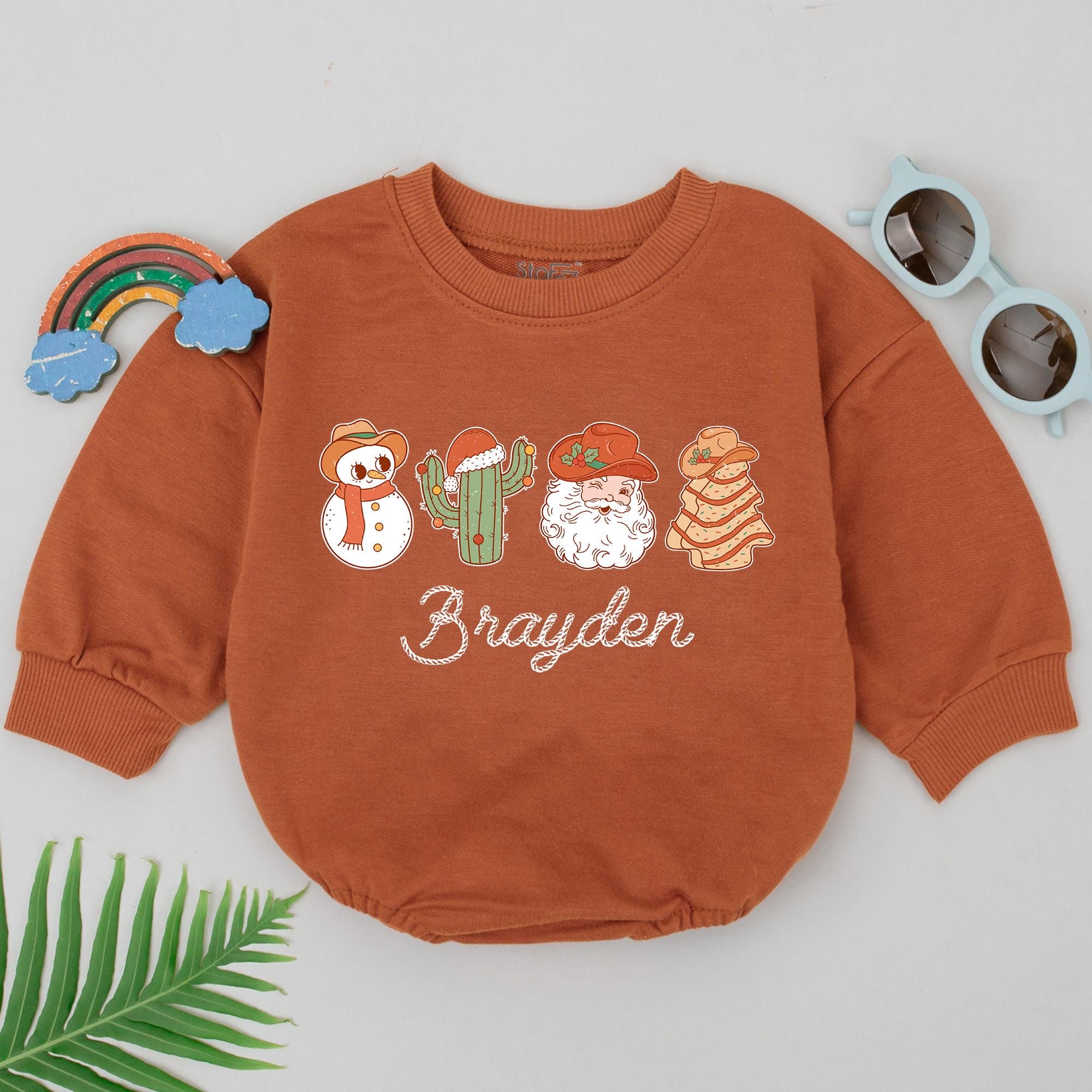 Personalized Western Christmas Romper for Baby Boys Girls with Cowboy Snowman Cactus Soft Cotton Holiday Outfit First Xmas Gift