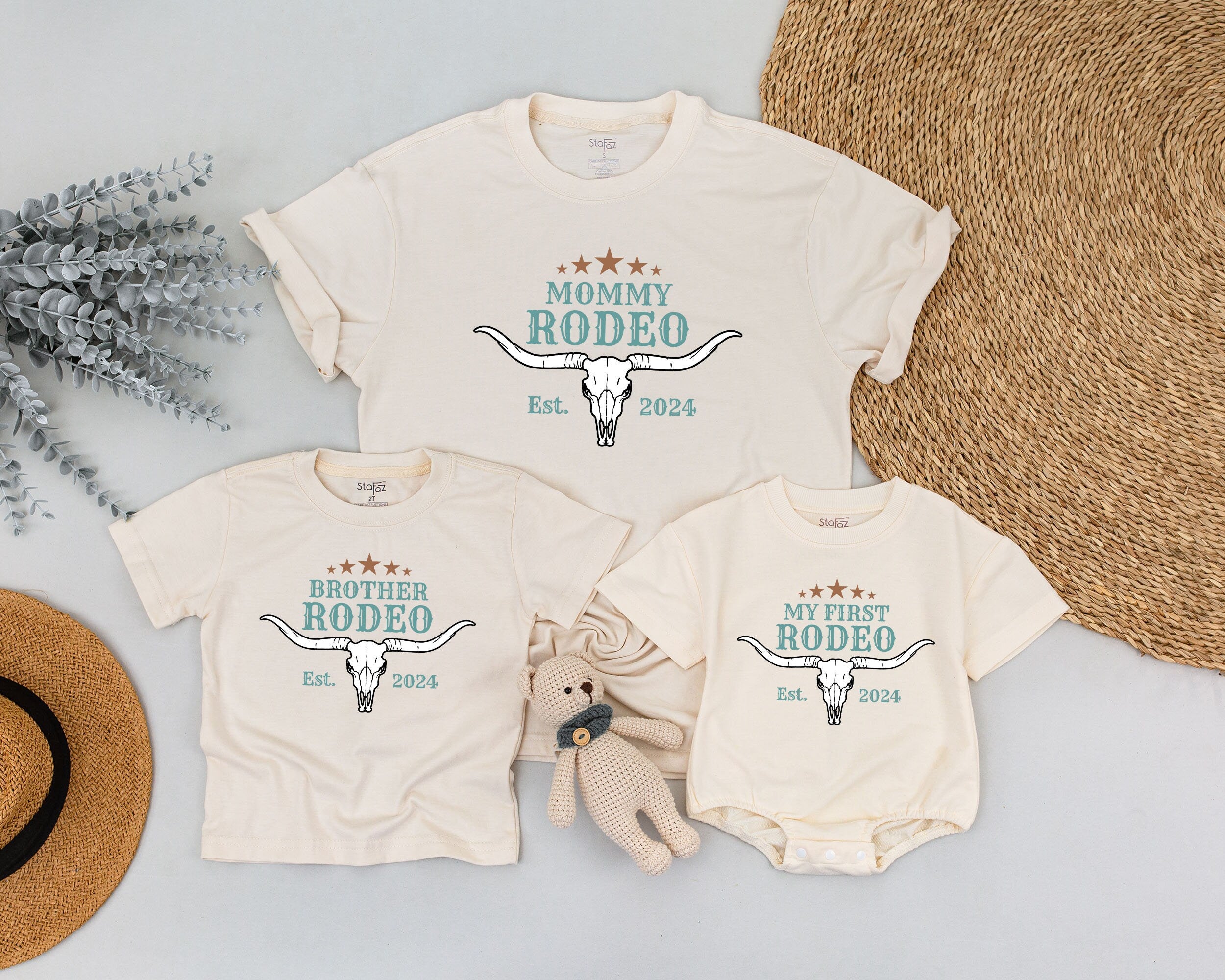 Personalized Western Cow Skull Rodeo Family Shirt Baby Toddler Girl Boy Birthday Outfit Earthy Vintage Style Custom Name Est. 2024