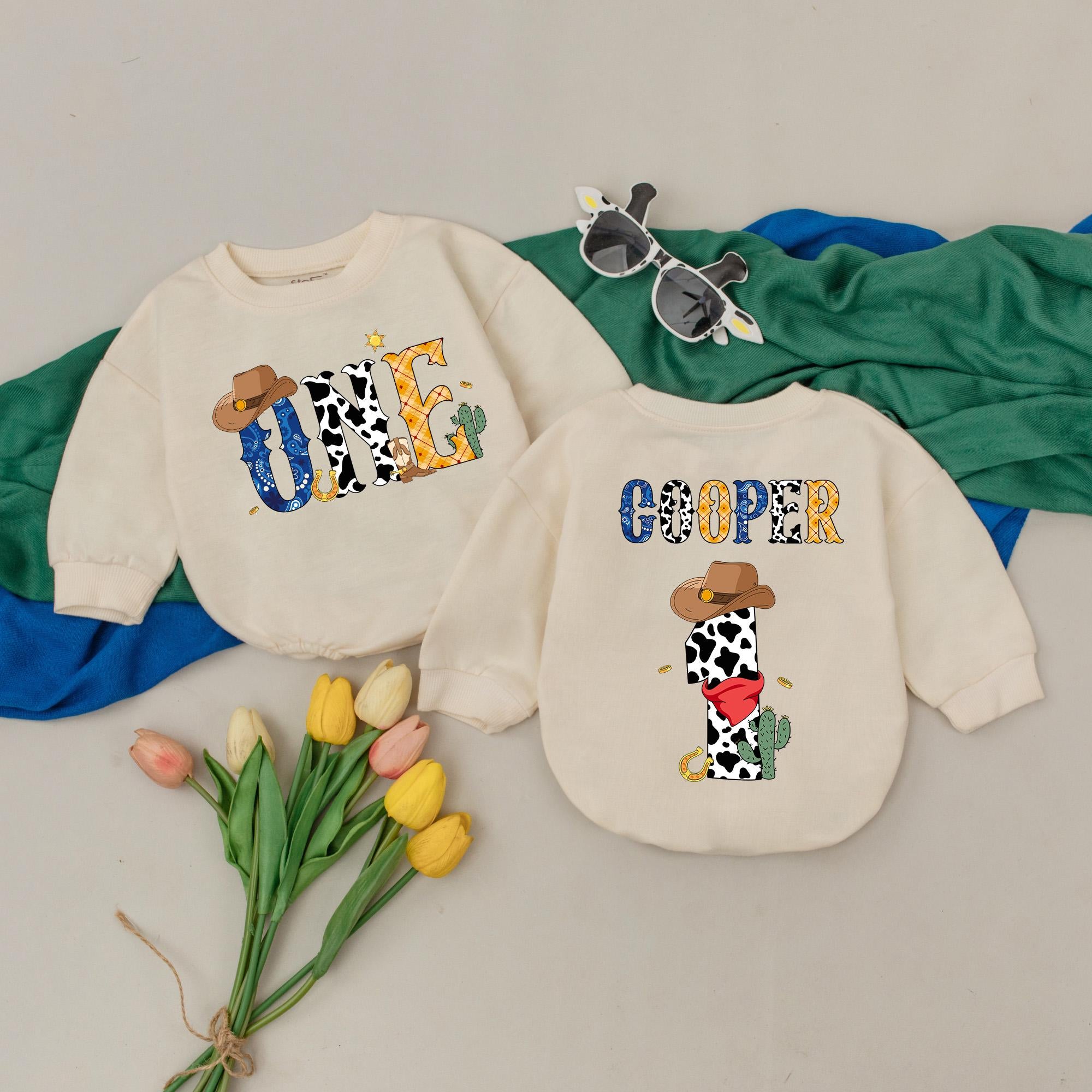Personalized Western Cowboy Birthday Romper for Boys Vibrant Rodeo Design First Birthday Outfit with Cowboy Hat Star Cow Print Cactus