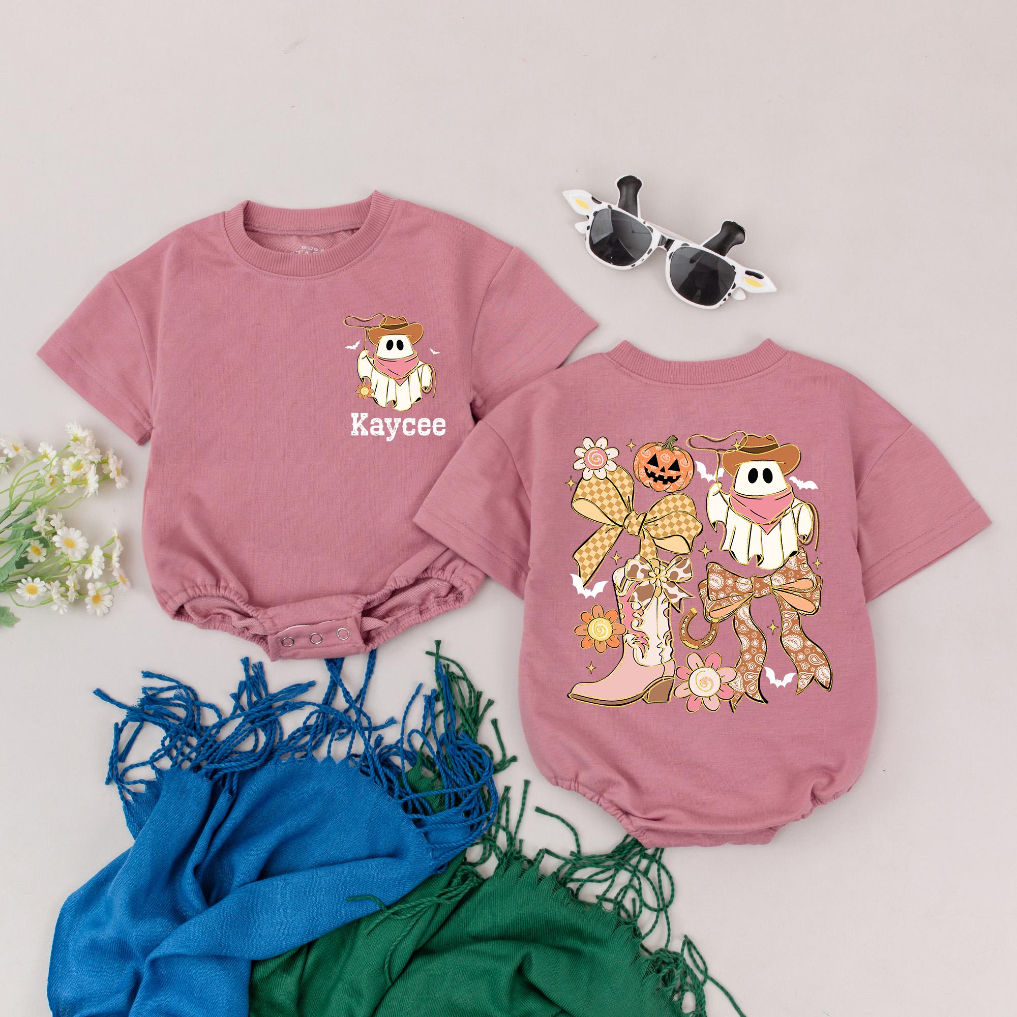 Personalized Western Ghost Halloween Romper with Cowboy Hat Floral Pumpkin Design Baby Outfit Perfect for Spooky Season Gift
