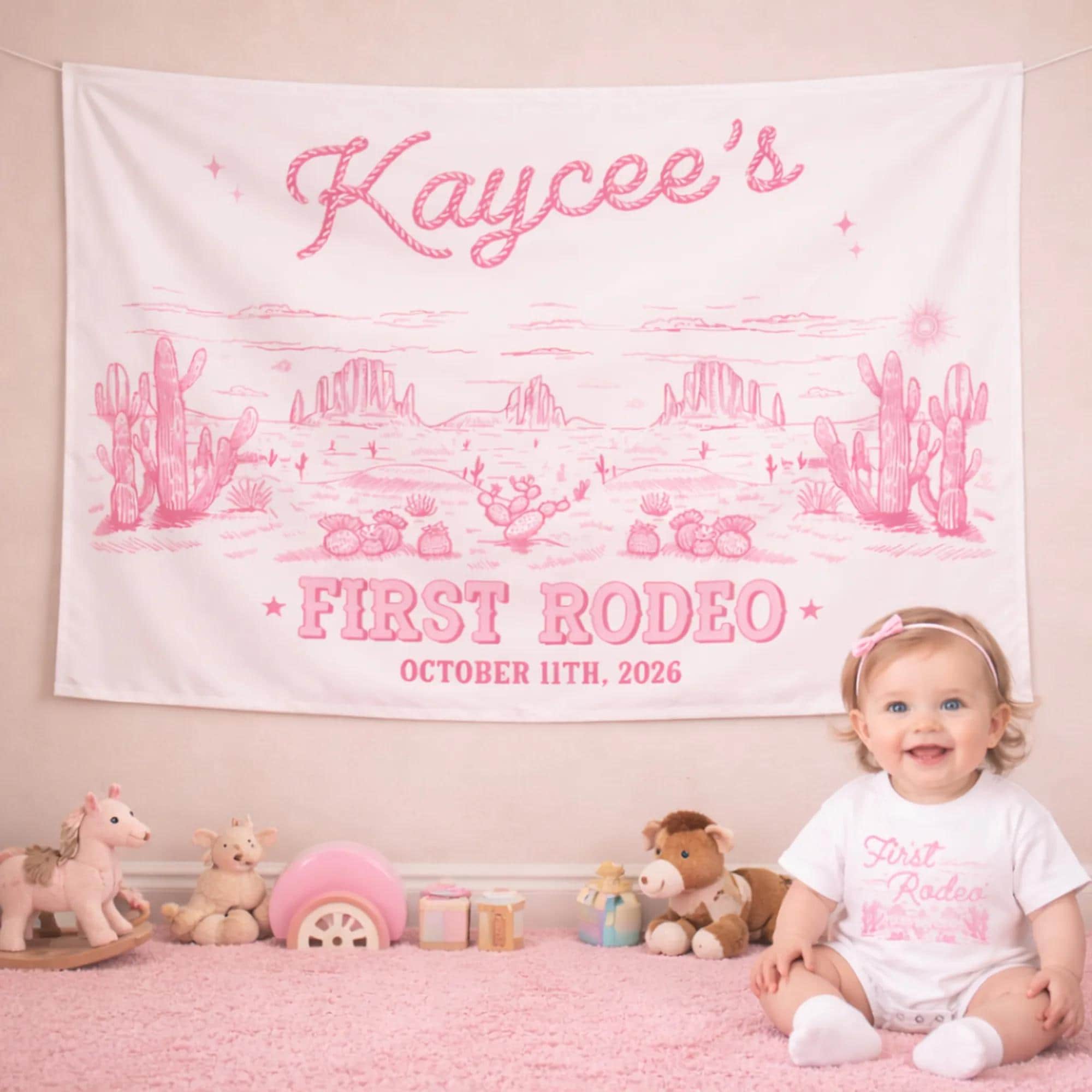 Personalized Western Silk Banner with Pink Desert Artwork for Baby's First Rodeo Birthday Party, Custom Photo Prop Backdrop Decoration