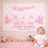 Personalized Western Silk Banner with Pink Desert Artwork for Baby's First Rodeo Birthday Party, Custom Photo Prop Backdrop Decoration