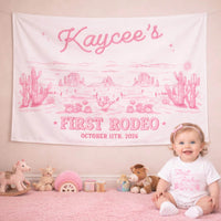 Personalized Western Silk Banner with Pink Desert Artwork for Baby's First Rodeo Birthday Party, Custom Photo Prop Backdrop Decoration