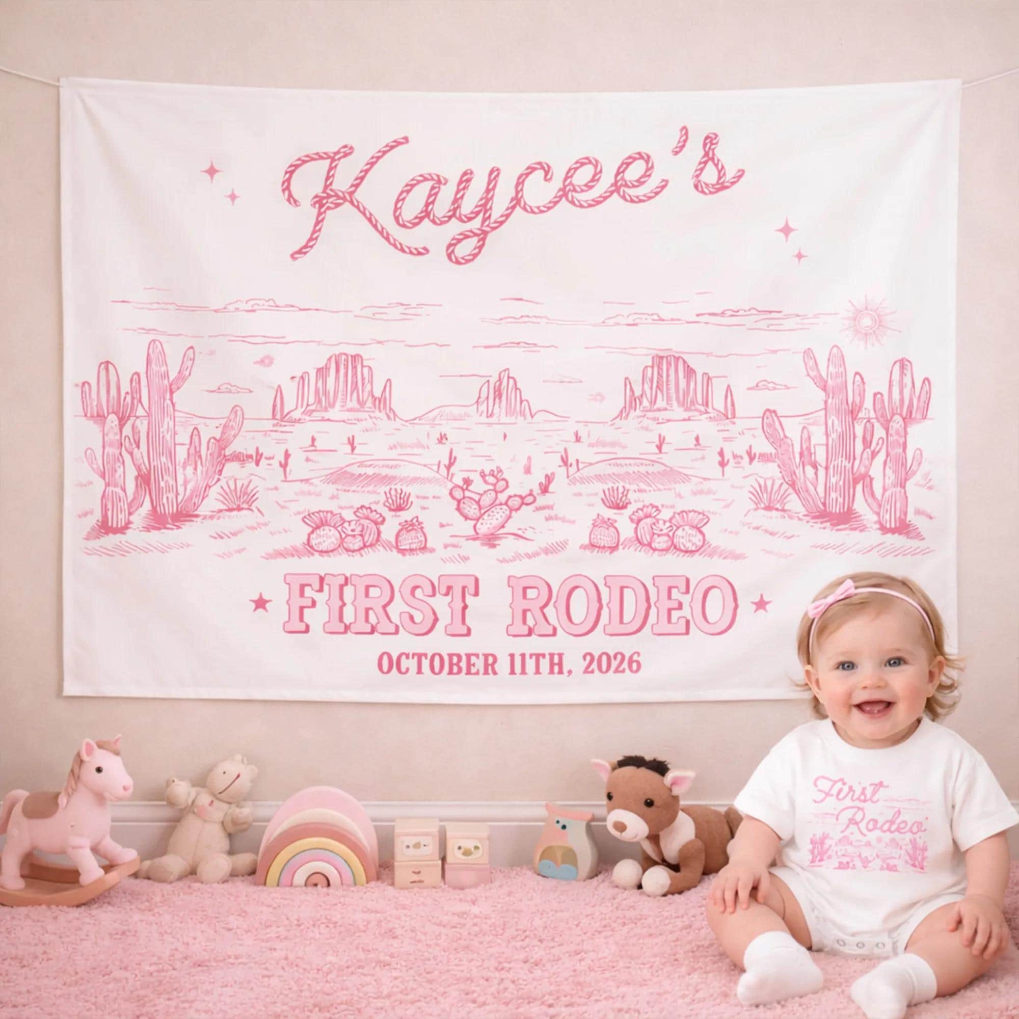 Personalized Western Silk Banner with Pink Desert Artwork for Baby's First Rodeo Birthday Party, Custom Photo Prop Backdrop Decoration