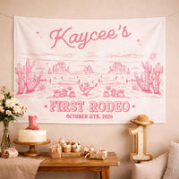 Personalized Western Silk Banner with Pink Desert Artwork for Baby's First Rodeo Birthday Party, Custom Photo Prop Backdrop Decoration