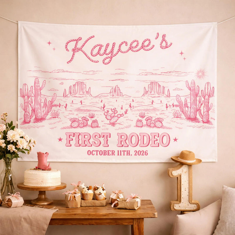 Personalized Western Silk Banner with Pink Desert Artwork for Baby's First Rodeo Birthday Party, Custom Photo Prop Backdrop Decoration