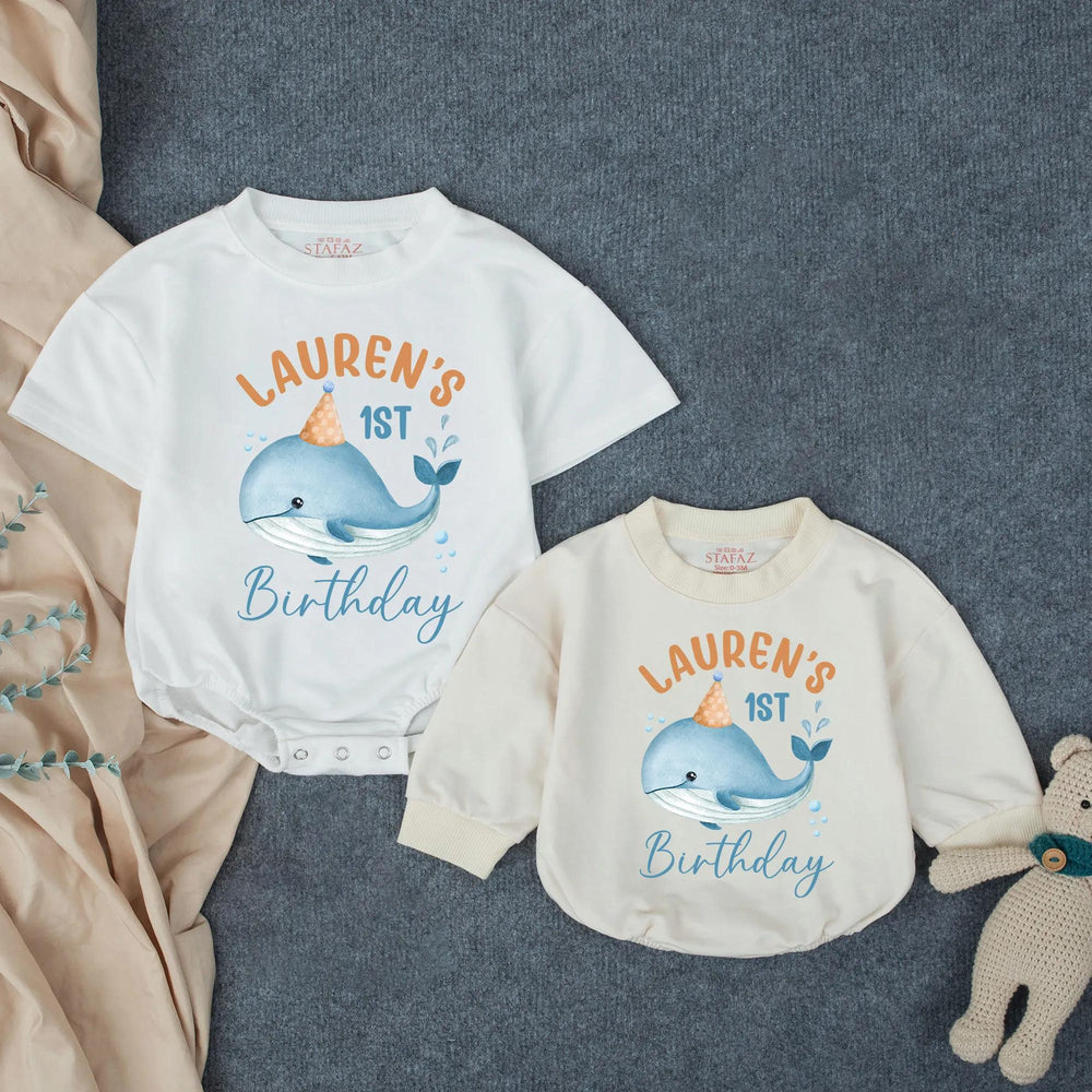 Personalized Whale First Birthday Bubble Romper Baby Outfit Ocean Theme Party Gift Soft Cotton Pastel Colors Custom Name Infant Clothes