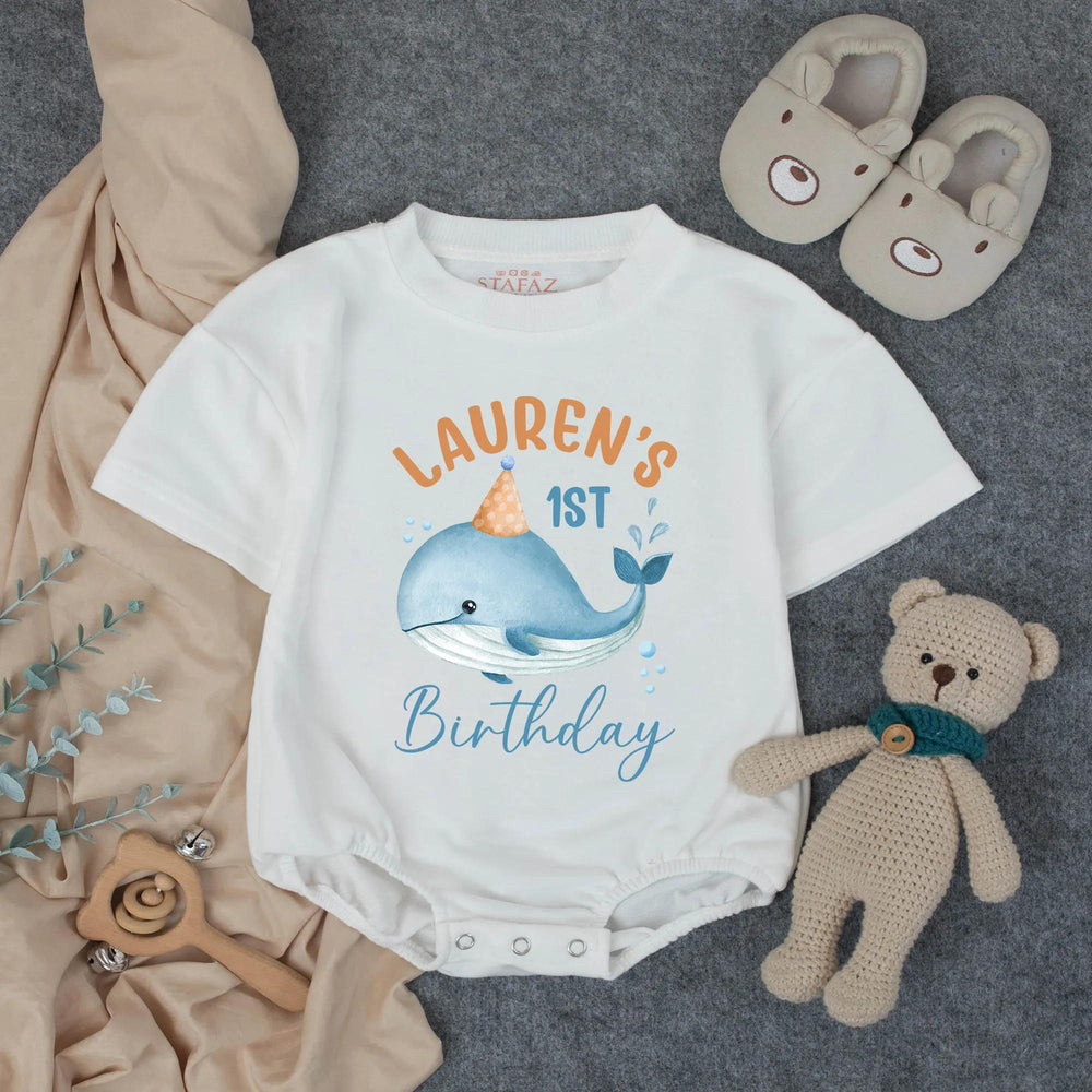 Personalized Whale First Birthday Bubble Romper Baby Outfit Ocean Theme Party Gift Soft Cotton Pastel Colors Custom Name Infant Clothes