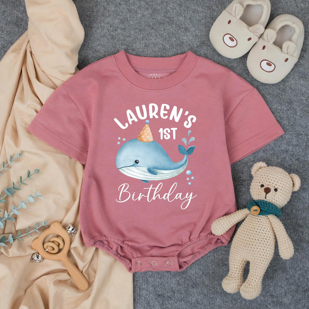 Personalized Whale First Birthday Bubble Romper Baby Outfit Ocean Theme Party Gift Soft Cotton Pastel Colors Custom Name Infant Clothes