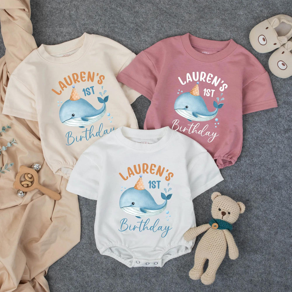 Personalized Whale First Birthday Bubble Romper Baby Outfit Ocean Theme Party Gift Soft Cotton Pastel Colors Custom Name Infant Clothes