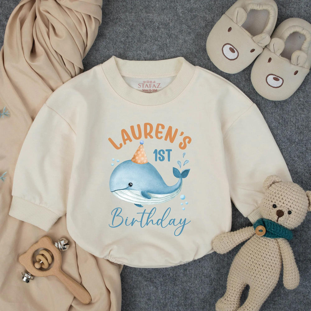Personalized Whale First Birthday Bubble Romper Baby Outfit Ocean Theme Party Gift Soft Cotton Pastel Colors Custom Name Infant Clothes
