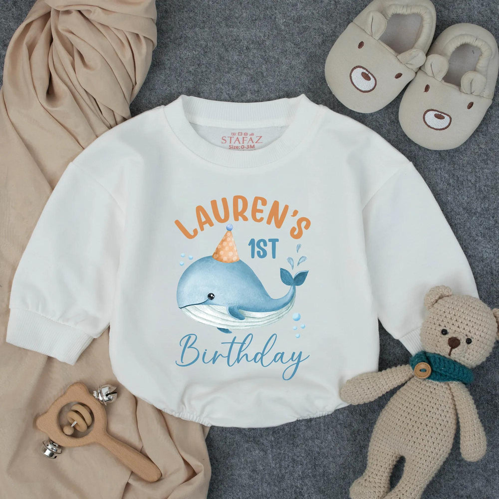 Personalized Whale First Birthday Bubble Romper Baby Outfit Ocean Theme Party Gift Soft Cotton Pastel Colors Custom Name Infant Clothes