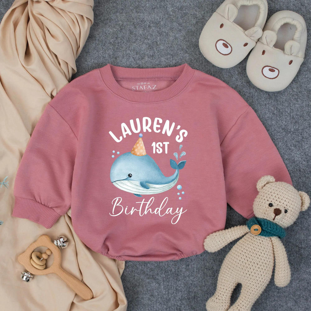 Personalized Whale First Birthday Bubble Romper Baby Outfit Ocean Theme Party Gift Soft Cotton Pastel Colors Custom Name Infant Clothes