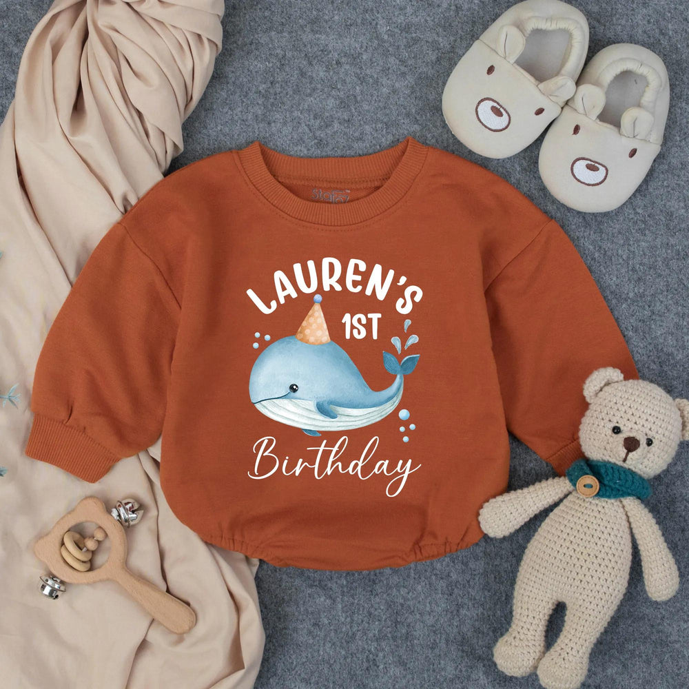 Personalized Whale First Birthday Bubble Romper Baby Outfit Ocean Theme Party Gift Soft Cotton Pastel Colors Custom Name Infant Clothes