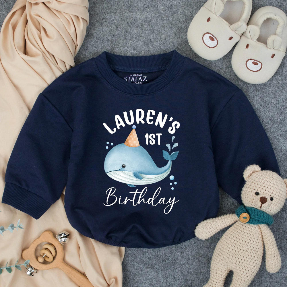 Personalized Whale First Birthday Bubble Romper Baby Outfit Ocean Theme Party Gift Soft Cotton Pastel Colors Custom Name Infant Clothes