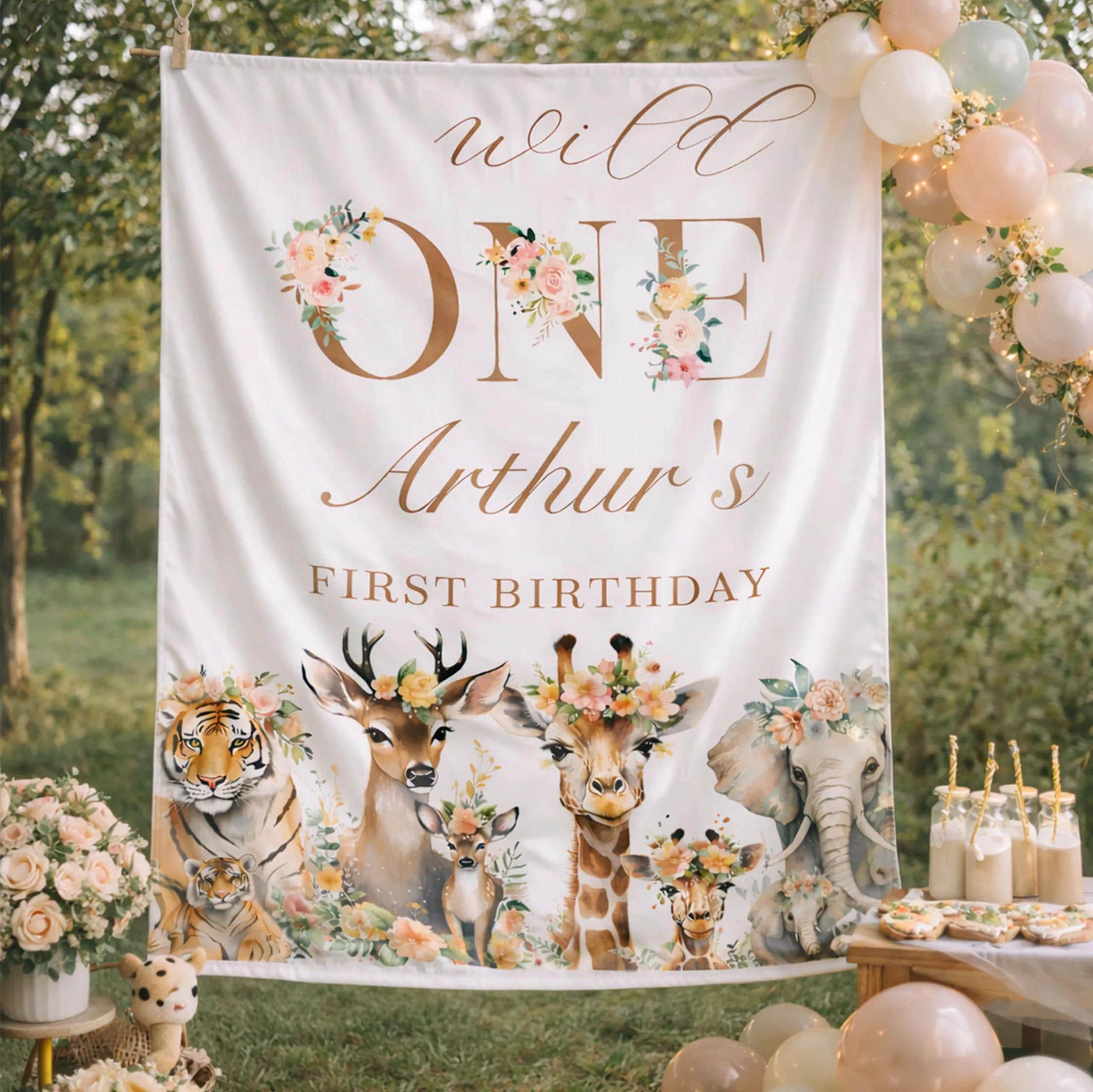 Personalized Wild One 1st Birthday Silk Banner with Custom Name Jungle Safari Baby Party Backdrop for Boys or Girls First Celebration