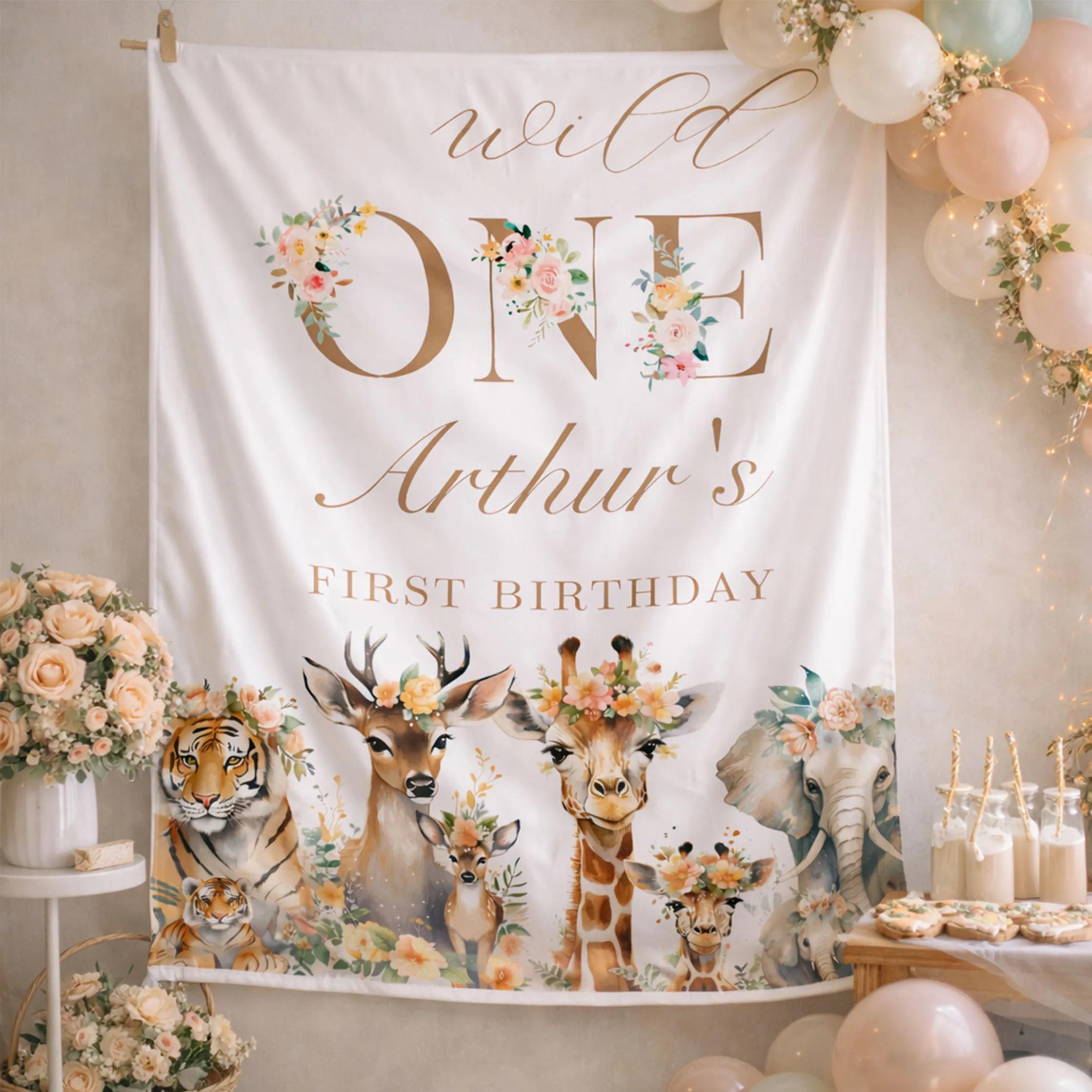 Personalized Wild One 1st Birthday Silk Banner with Custom Name Jungle Safari Baby Party Backdrop for Boys or Girls First Celebration