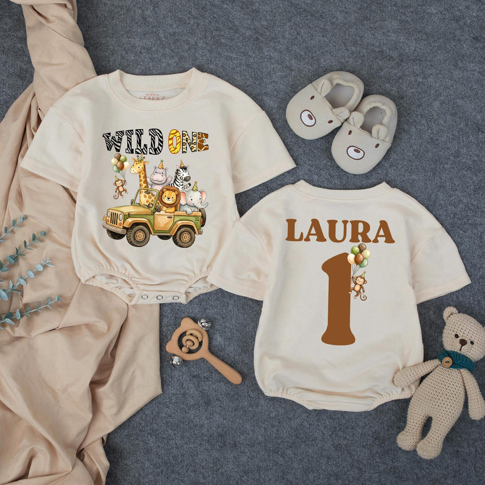 Personalized Wild One Birthday Outfit for Baby Boy, Safari 1st Birthday Romper with Jungle Animals, Cake Smash Shirt, Custom Name Design