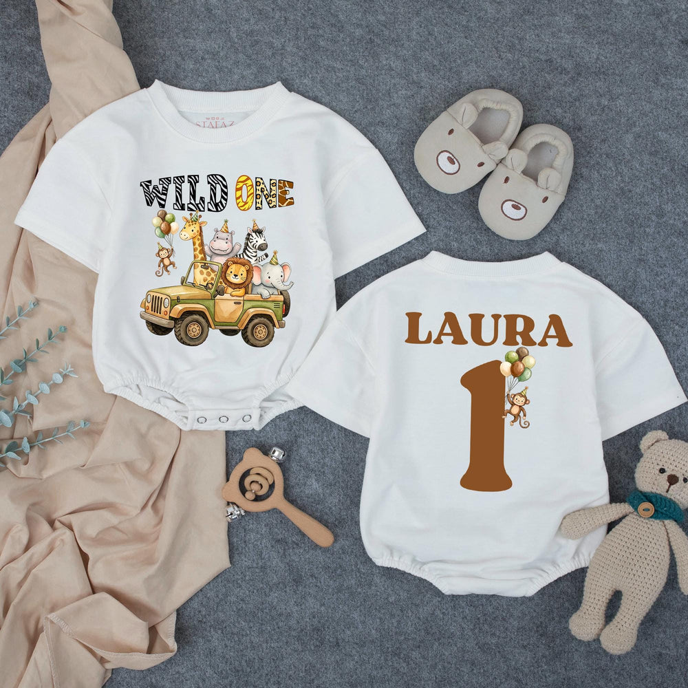 Personalized Wild One Birthday Outfit for Baby Boy, Safari 1st Birthday Romper with Jungle Animals, Cake Smash Shirt, Custom Name Design