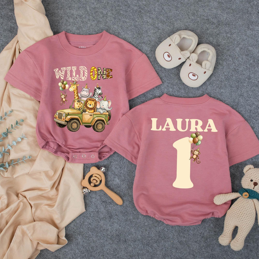 Personalized Wild One Birthday Outfit for Baby Boy, Safari 1st Birthday Romper with Jungle Animals, Cake Smash Shirt, Custom Name Design