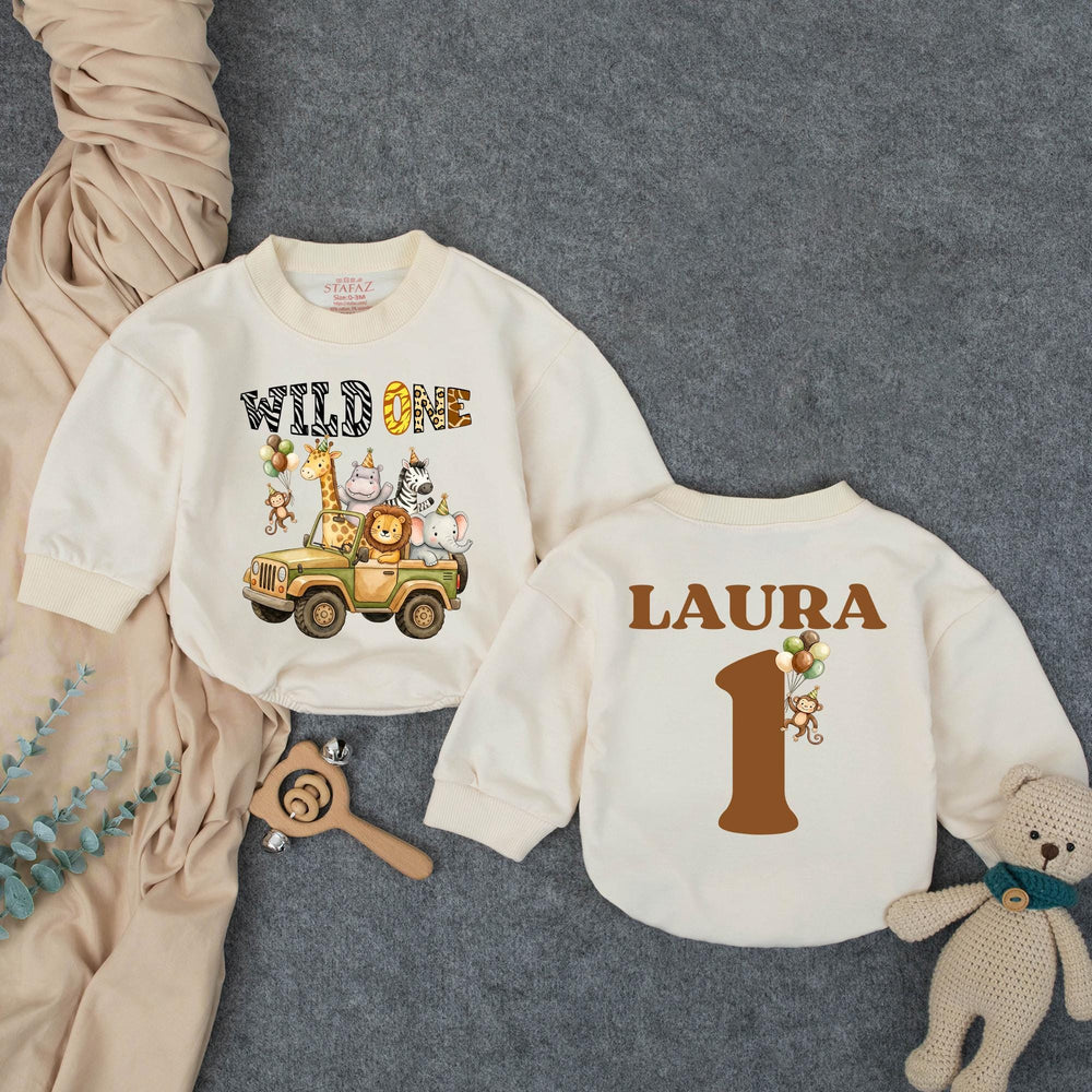Personalized Wild One Birthday Outfit for Baby Boy, Safari 1st Birthday Romper with Jungle Animals, Cake Smash Shirt, Custom Name Design